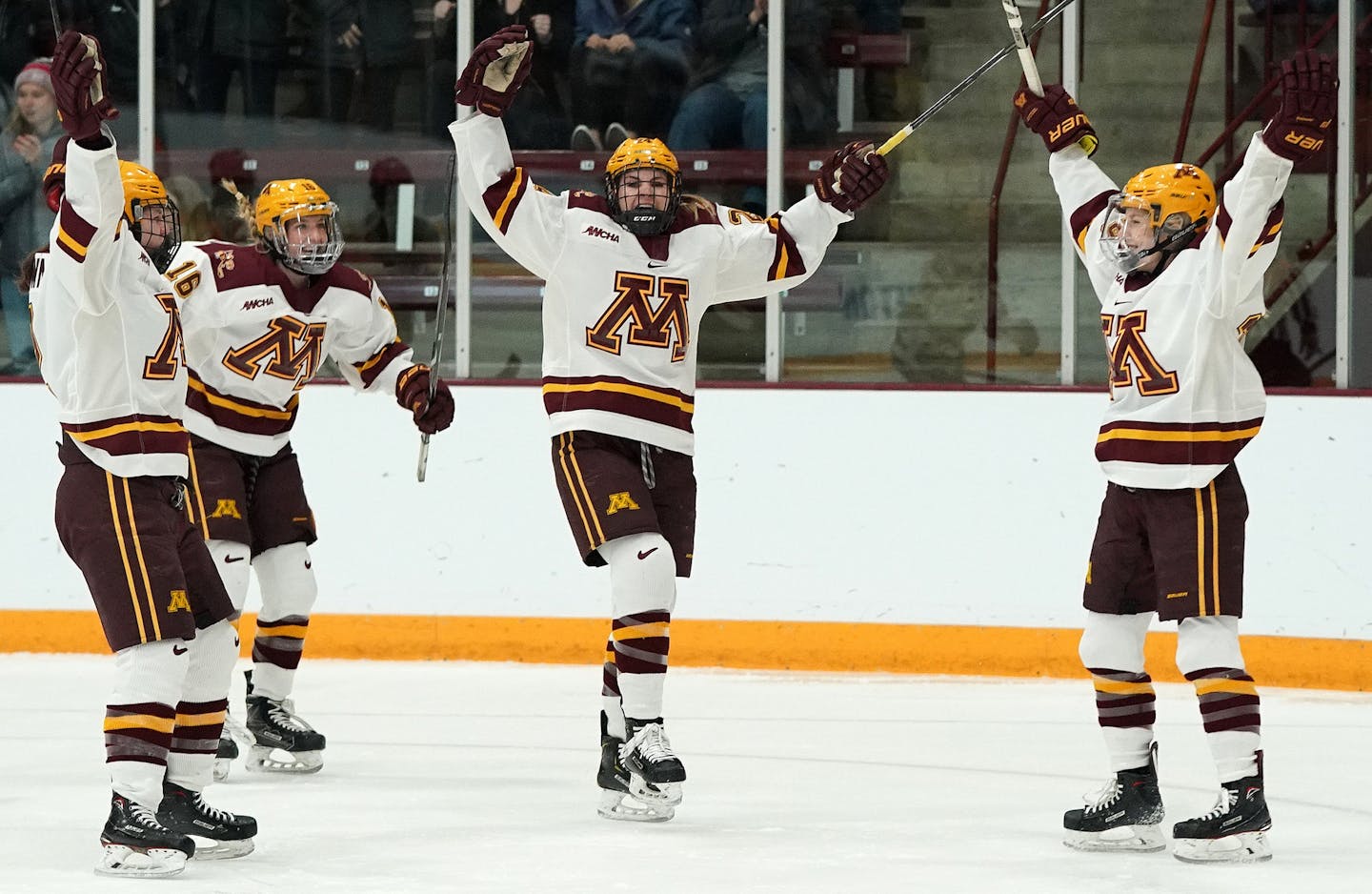 Minnesota Golden Gophers players celebrated on the ice after forward Sarah Potomak (26) scored in the first period. ] ANTHONY SOUFFLE &#x2022; anthony.souffle@startribune.com The Minnesota Golden Gophers played the Princeton Tigers in an NCAA quarterfinal women's hockey game Saturday, March, 16, 2019 at Ridder Arena in Minneapolis.