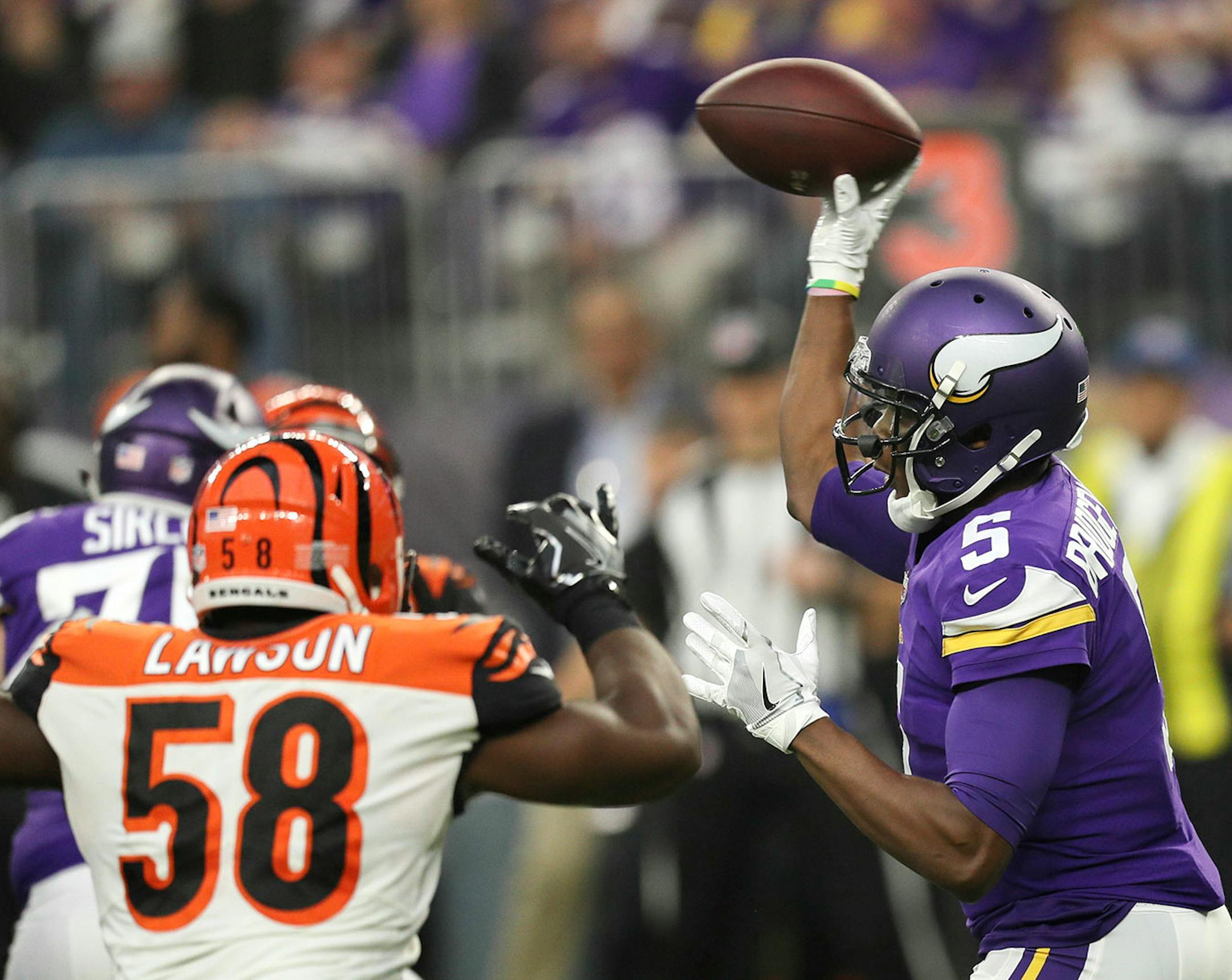 Vikings Teddy Bridgwater threw an interception on his first pass after coming back fro a knee injury.