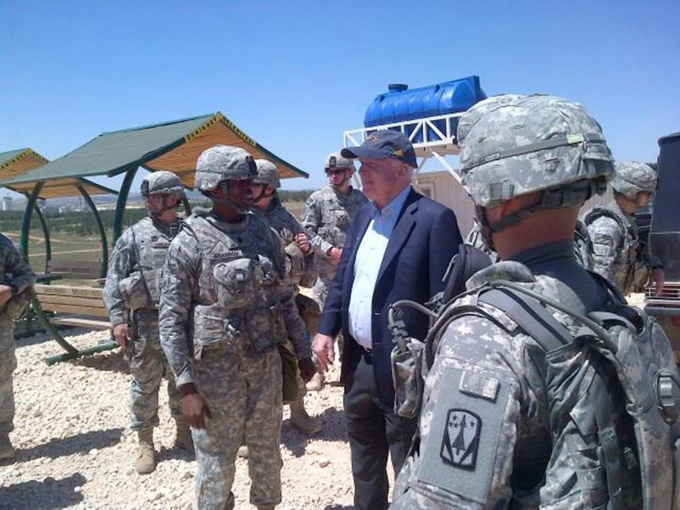 In this photo provided by U.S. Sen. John McCain, R-Ariz., on his Twitter site, McCain visits troops at a Patriot missile site in southern Turkey, Monday, May 27, 2013. McCain quietly slipped into Syria for a meeting with Syrian rebels on Monday, confirms spokeswoman Rachael Dean. She declined further comment about the trip.
