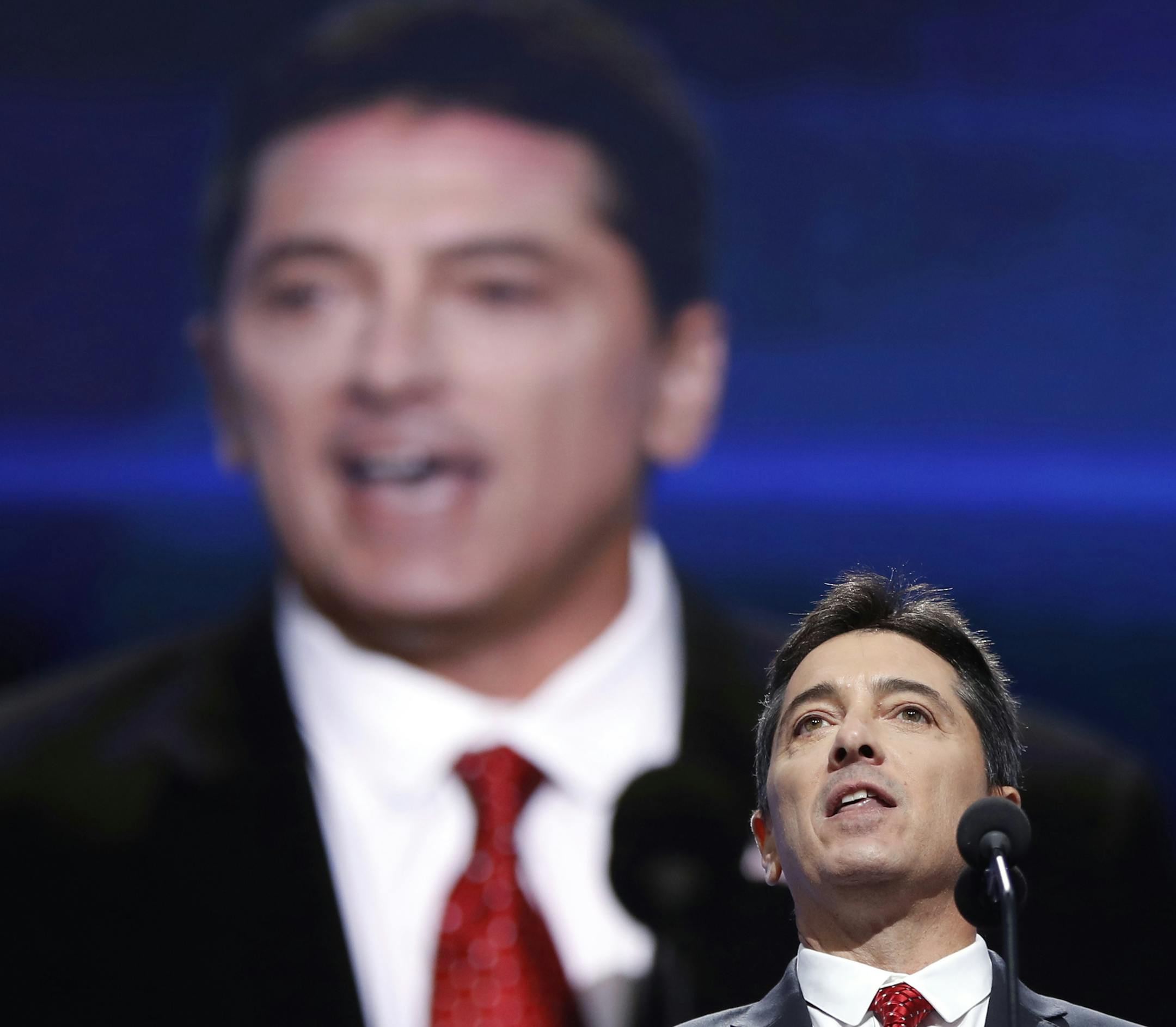 Actor Scott Baio addresses the delegates during the opening day of the Republican National Convention in Cleveland, Monday, July 18, 2016. (AP Photo/Carolyn Kaster)