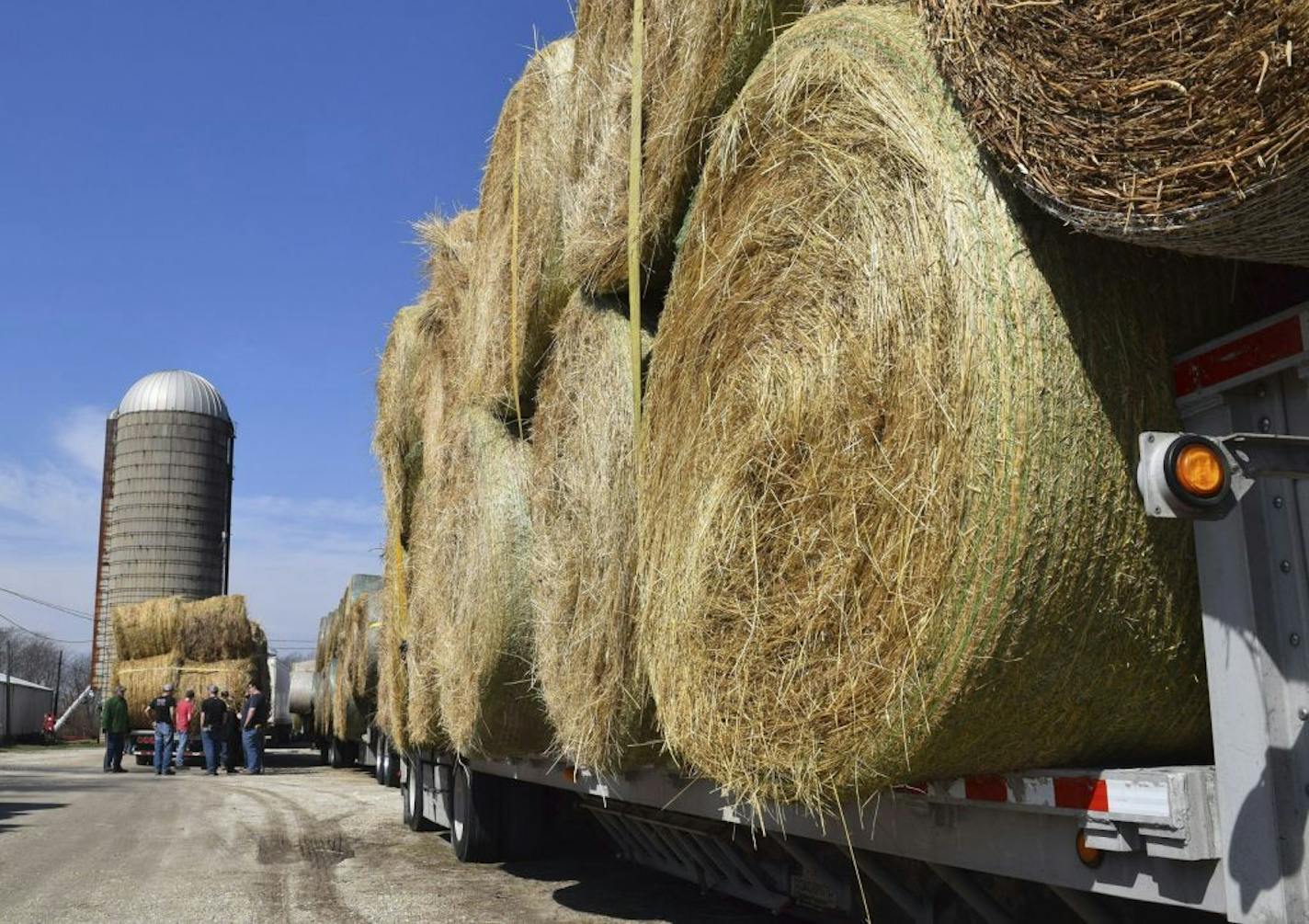 The Cass-Morgan Farm Bureau's Young Leaders group finishes loading hay and fencing and feed supplies, Friday, March 24, 2017, at a staging area east of Jacksonville, Ill., as part of a coordinated wildfire relief effort to help farmers and ranchers near Ashland, Kan. A convoy of trucks was scheduled to leave on Saturday, bound for western Kansas.