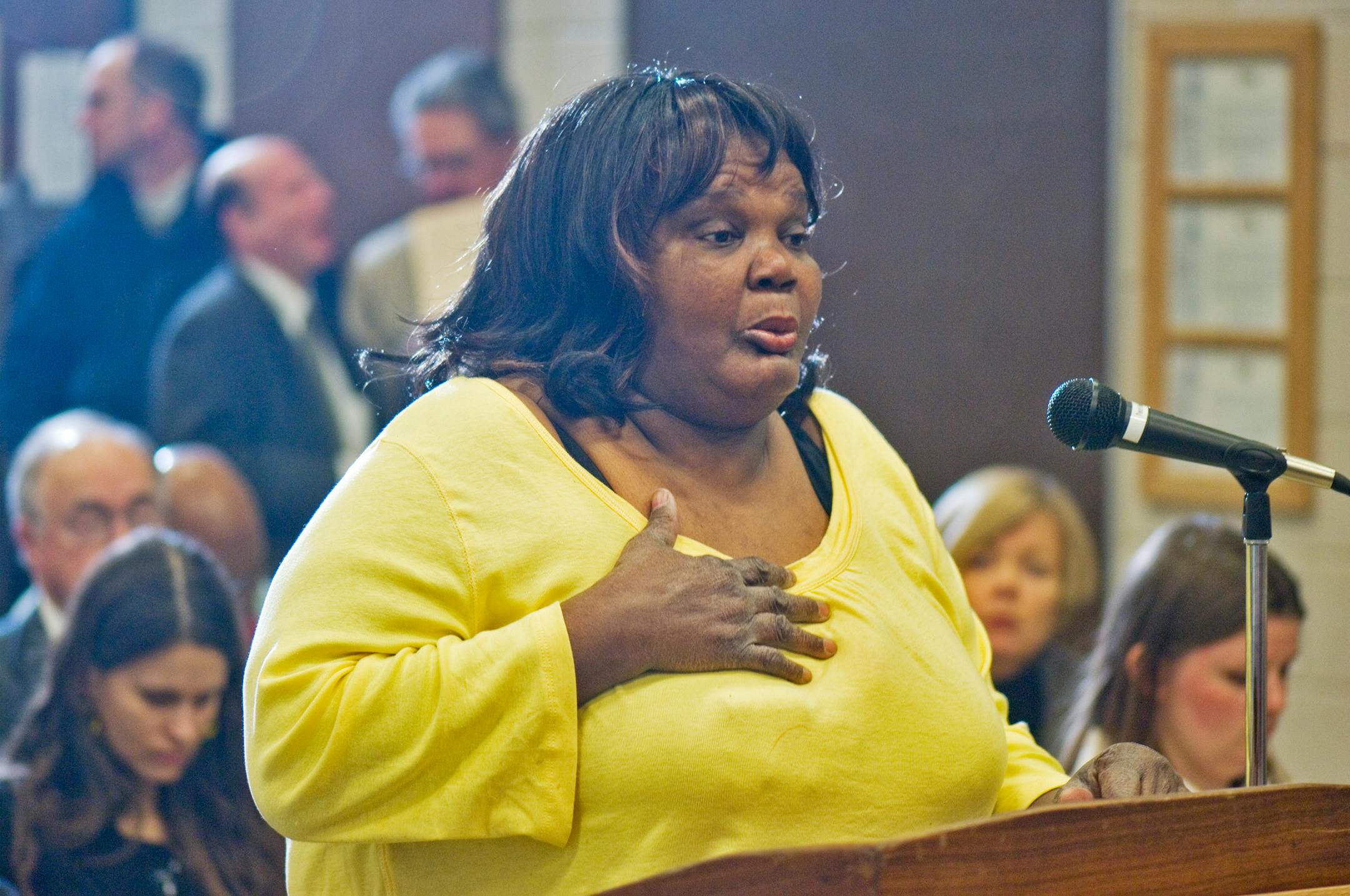 Patricia Toussaint, a resident of north Minneapolis, spoke at a legislative hearing Monday night.