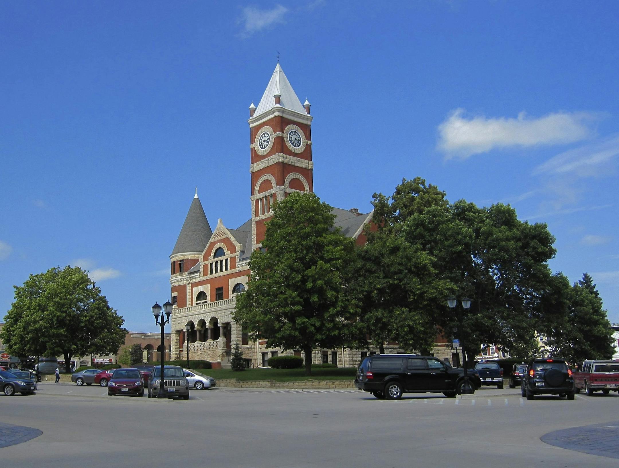 The brick courthouse is the center of attention in downtown Monroe, Wis.
