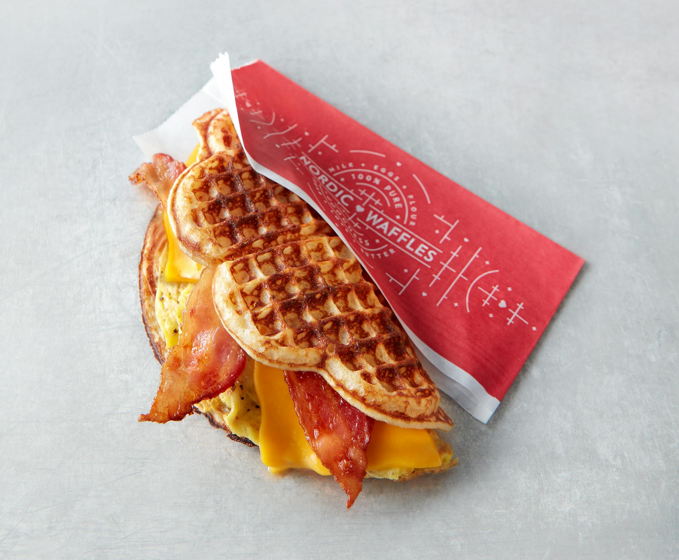 Nordic Waffles: Fresh-made waffle wraps in seven varieties: All-Day Breakfast (egg, bacon & cheddar); Berries & Cream (raspberry & strawberry mixture with vanilla cream); Cinna-Sugar Butter (cinnamon, sugar & butter); Slammin' Salmon On A Stick (Norwegian smoked salmon with cream cheese & green onions); S'More (marshmallow crème, crumbled graham crackers & Nutella); Turkey Chipotle Club (turkey, bacon & mixed greens with Sriracha mayo sauce); and Vegetarian Viking (black bean veggie burger, ched