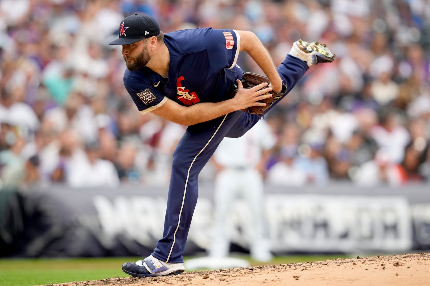 American League's Lance Lynn, of the Chicago White Sox, throws during the second inning of the MLB All-Star baseball game, Tuesday, July 13, 2021, in Denver. (AP Photo/David Zalubowski)