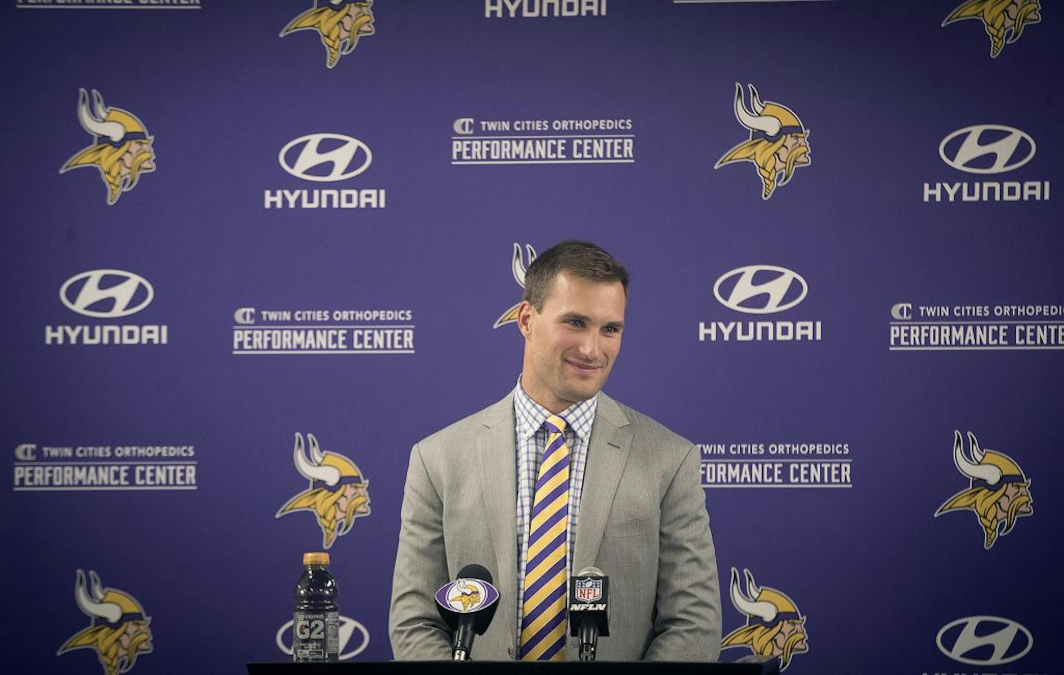 Kirk Cousins was officially introduced as a Vikings quarterback during a press conference at the Vikings TCO Performance Center, Thursday, March 15, 2018 in Eagan, MN.