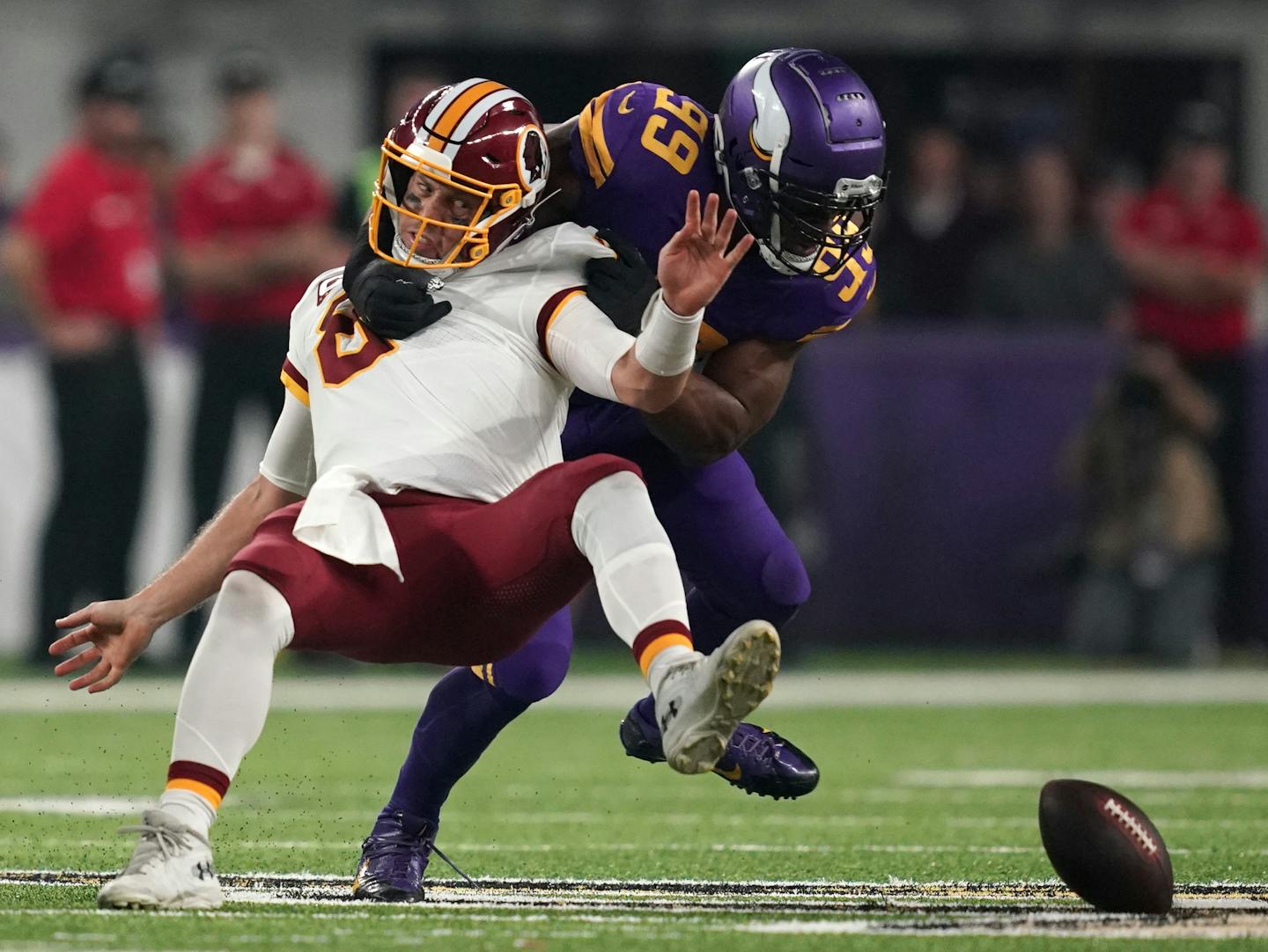 Vikings defensive end Danielle Hunter separated Redskins quarterback Case Keenum from the football during the first quarter at U.S. Bank Stadium on Thursday night.