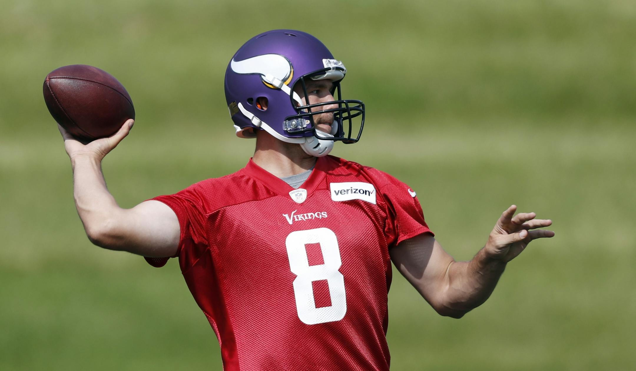 Vikings quarterback Sam Bradford threw a pass during practice Monday September 5,2016 in Eden Prairie, MN.