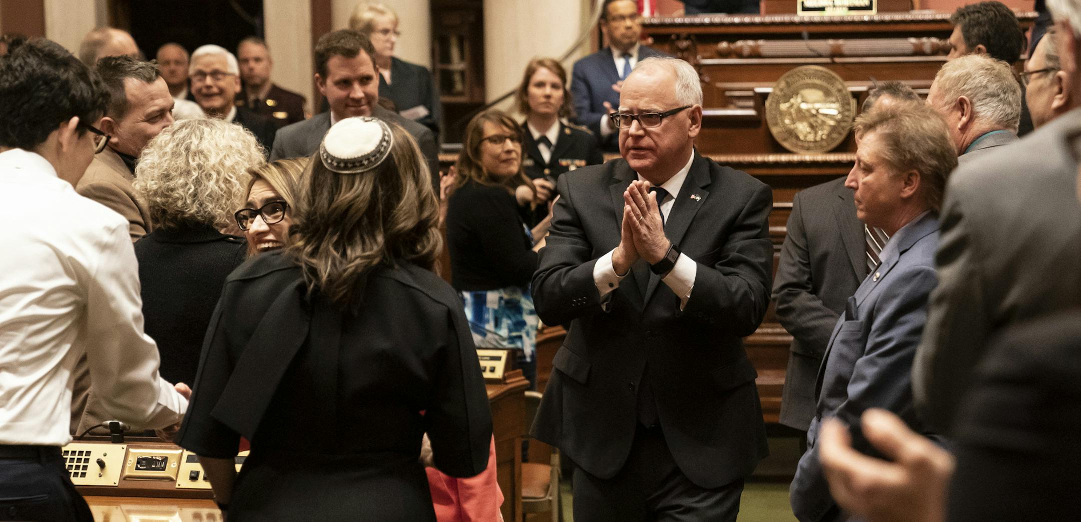 Governor Tim Walz gestured to thank the audience as he left the State of the State Address at the State Capitol in St. Paul, Minn., on Wednesday, April 3, 2019. ] RENEE JONES SCHNEIDER &#xa5; renee.jones@startribune.com