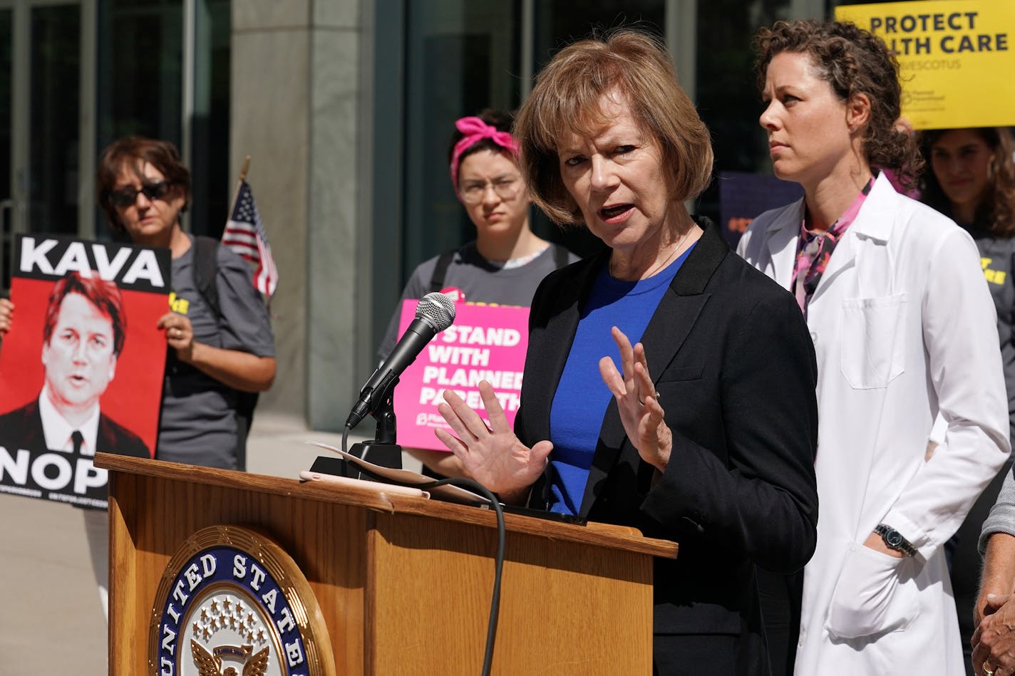 U.S. Sen. Tina Smith spoke during a press conference about Brett Kavanaugh's nomination to the U.S. Supreme Court and what's at stake for the future of women's reproductive rights, the court, and the country Friday. ] ANTHONY SOUFFLE &#xef; anthony.souffle@startribune.com U.S. Sen. Tina Smith held a press conference to speak about Brett Kavanaugh's nomination to the U.S. Supreme Court and what's at stake for the future of women's reproductive rights, the court, and the country Friday, Sept. 7, 2