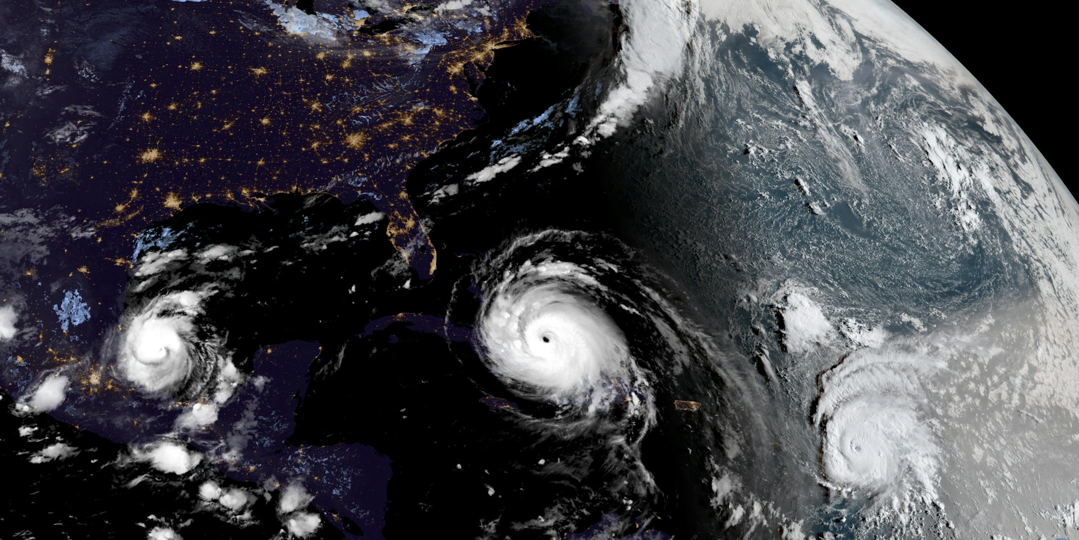 In this geocolor image GOES-16 satellite image taken Friday, Sep. 8, 2017, at 10:45 UTC, Hurricane Irma, center, approaches Cuba and Florida, with Hurricane Katia, left, in the Gulf of Mexico, and Hurricane Jose, right, in the Atlantic Ocean. Cuba evacuated tourists from beachside resorts and Floridians emptied stores of plywood and bottled water after Hurricane Irma left at least 20 people dead and thousands homeless on a devastated string of Caribbean islands and spun toward Florida for what c
