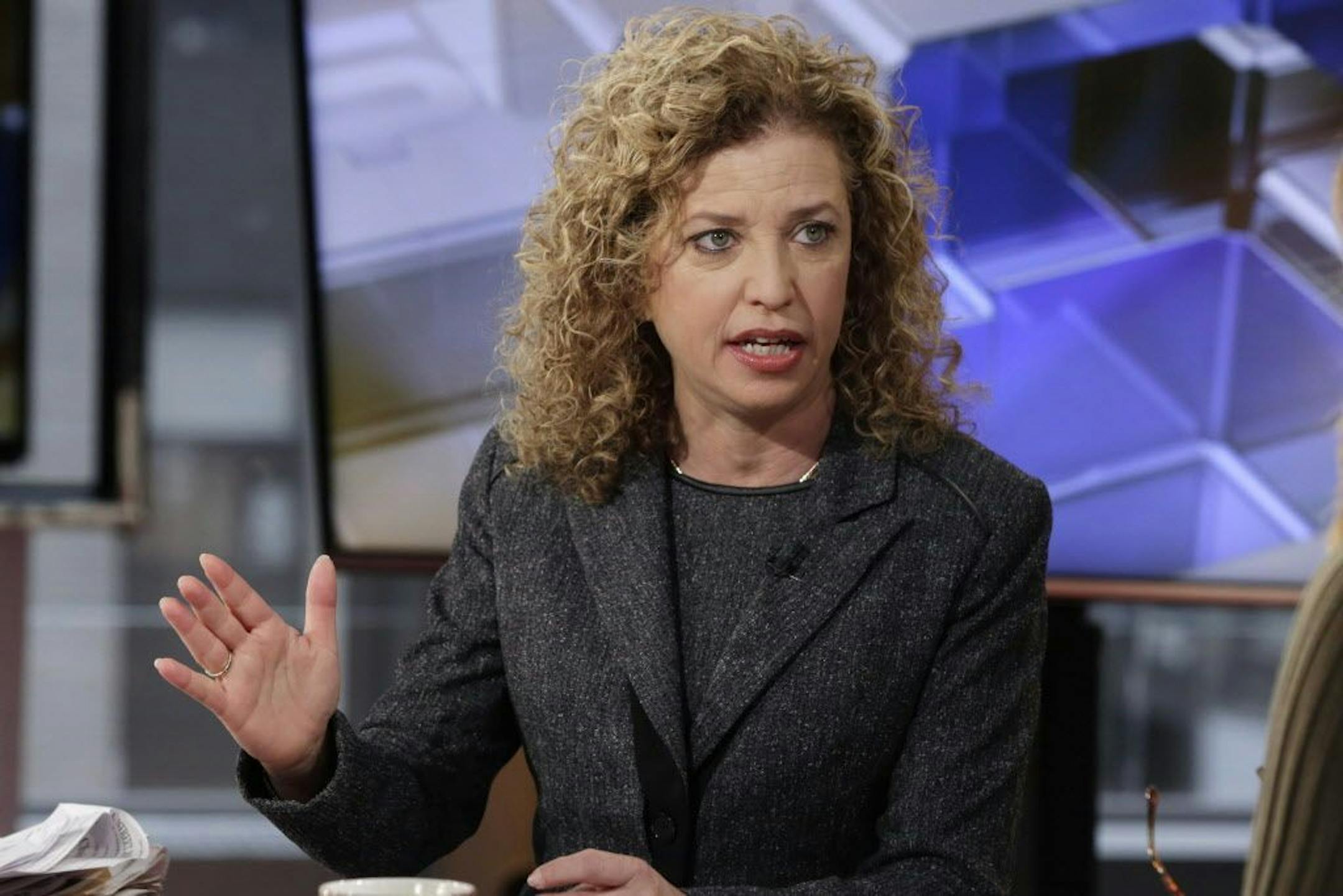 FILE - In this March 21, 2016 file photo, Democratic National Committee (DNC) Chair, Rep Debbie Wasserman Schultz, D-Fla. is interviewed in New York.