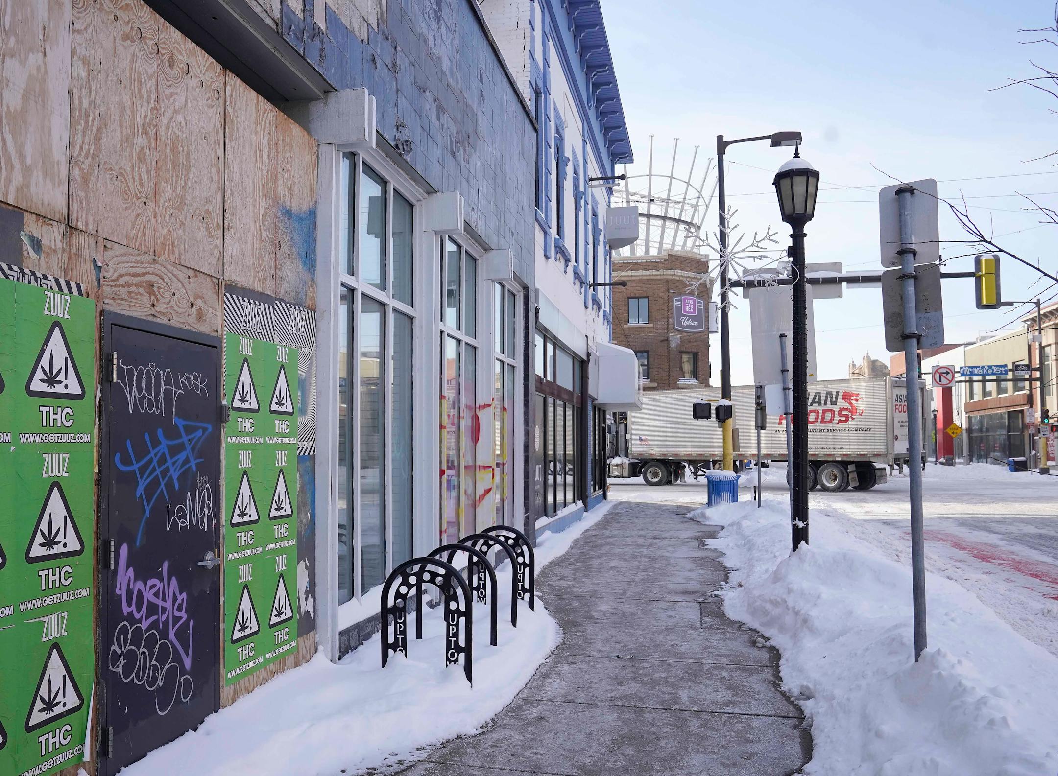 The former Calhoun Square in Uptown, center, at Hennepin and Lake, Friday, Feb. 24, 2023, in Minneapolis.