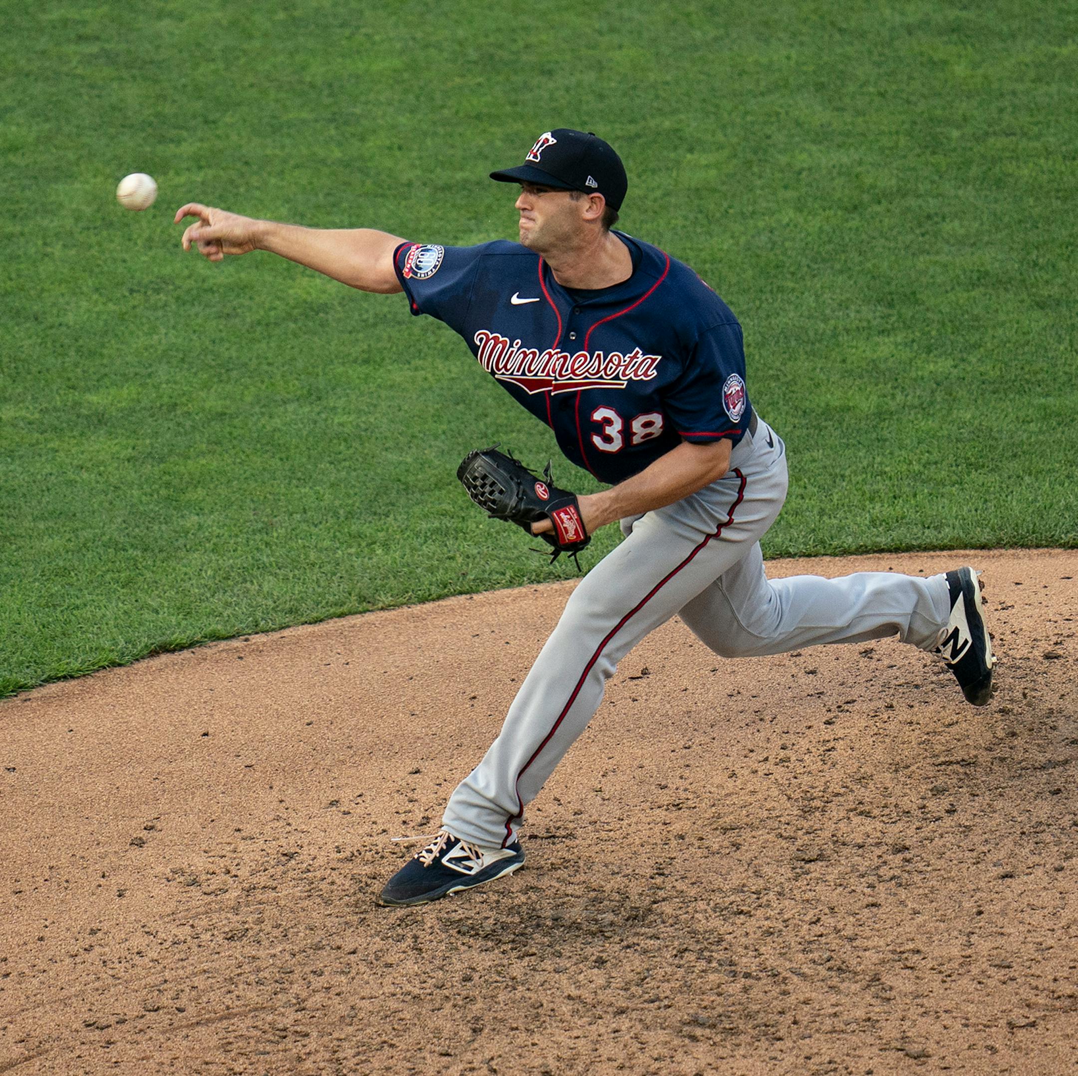 Twins pitcher Cory Gearrin (38) pitched at practice at Target Field in Minneapolis, Minn., on Wednesday, July 8, 2020.