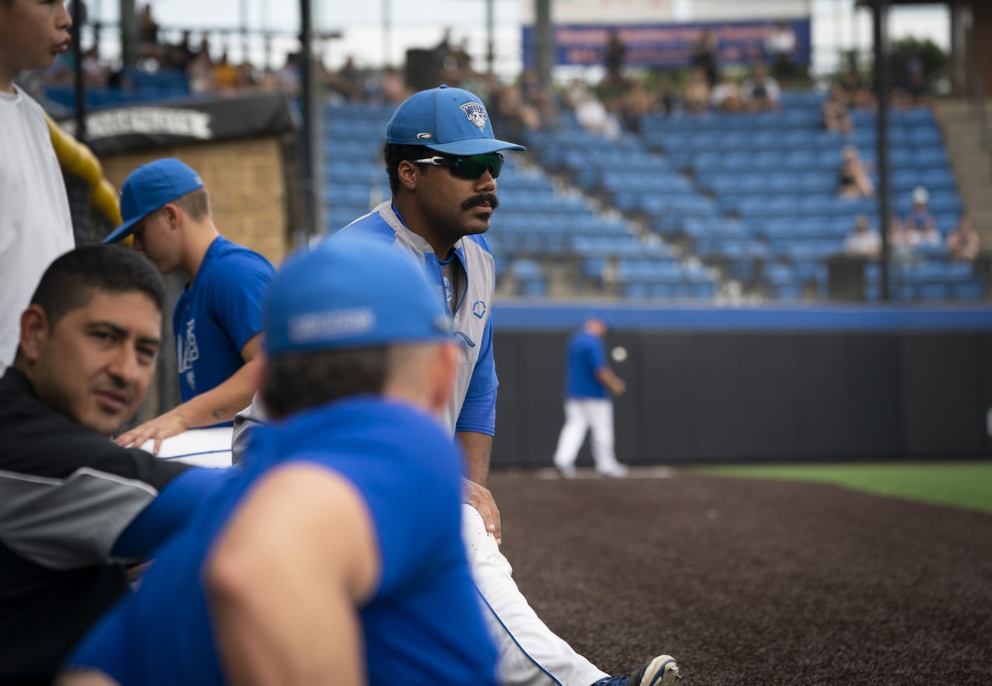 Minnetonka Millers Mike Davis, in glasses, stretched before a game at Veteran's Field in Minnetonka, Minn., on Monday, July 6, 2020. ] RENEE JONES SCHNEIDER renee.jones@startribune.com