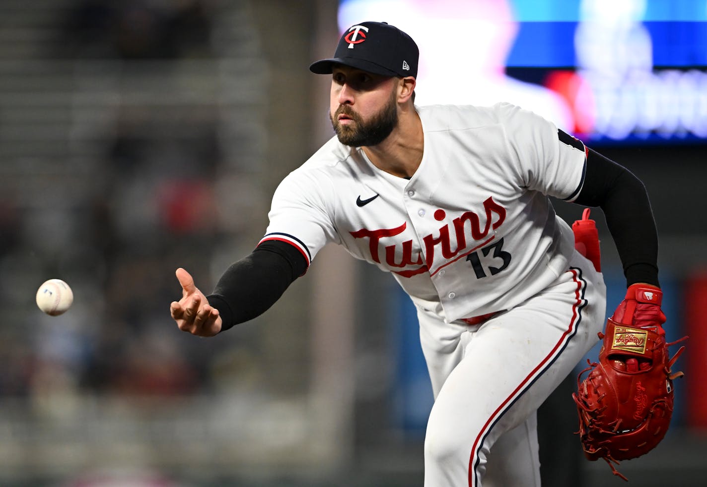 Minnesota Twins first baseman Joey Gallo (13) throws the ball to starting pitcher Sonny Gray (54) for an out at first after fielding a ground ball hit by center fielder Aaron Hicks (31) Monday, April 24, 2023, at Target Field in Minneapolis, Minn.. ] AARON LAVINSKY • aaron.lavinsky@startribune.com