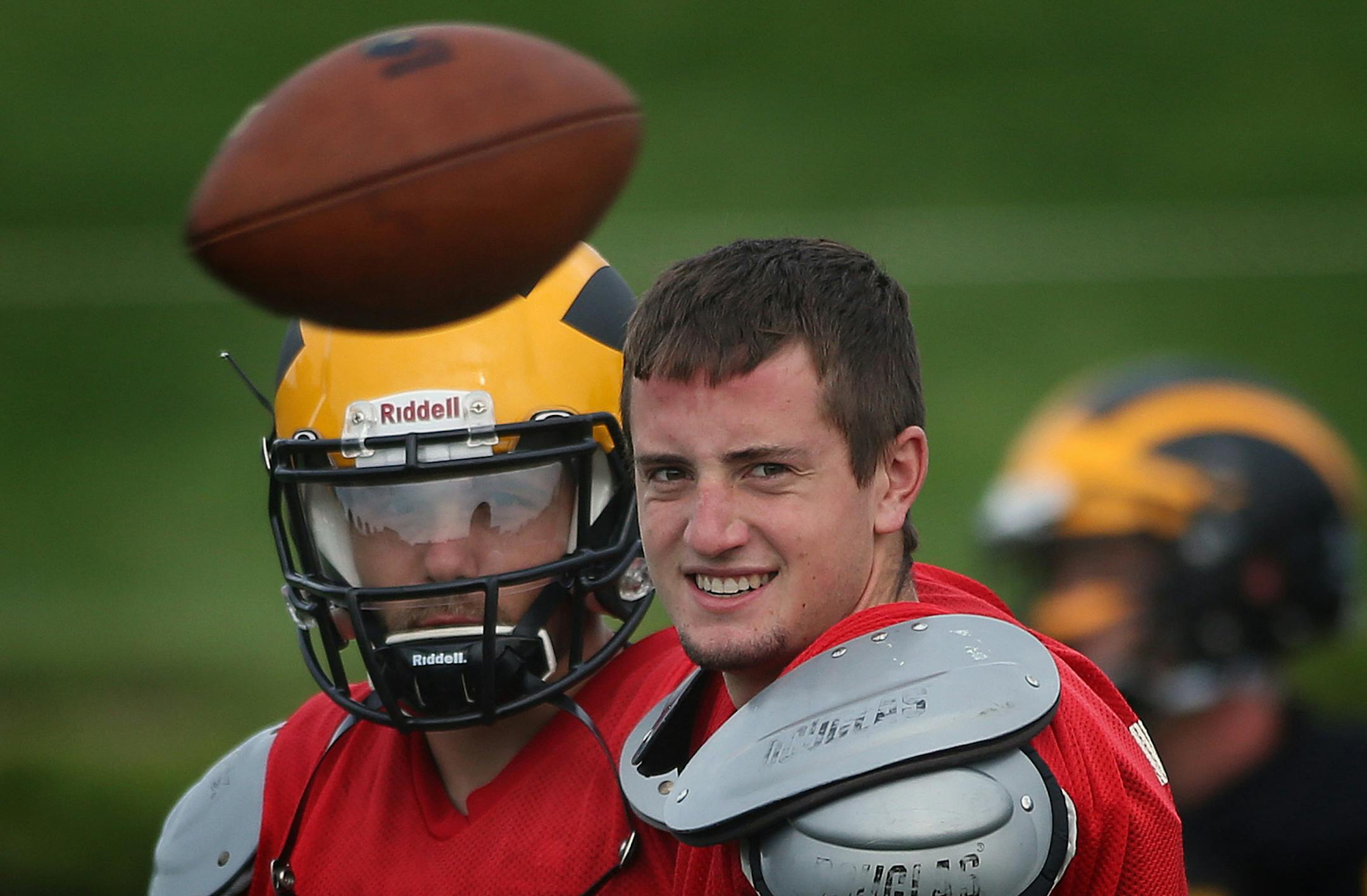 Gustavus Adolphus quarterback Mitch Hendricks worked out with the team at a recent practice at Hollingsworth Field on the campus in St. Peter. ] JIM GEHRZ ï james.gehrz@startribune.com / St. Peter, MN / August 27, 2015 / 9:00 AM ñ BACKGROUND INFORMATION : Small college preview day. Main MIAC story on Gustavus football, which appears to have the best chance of getting into the top four - annually dominated by St. John's, St. Thomas, Bethel and Concordia-Moorhead. Gustavus football pract