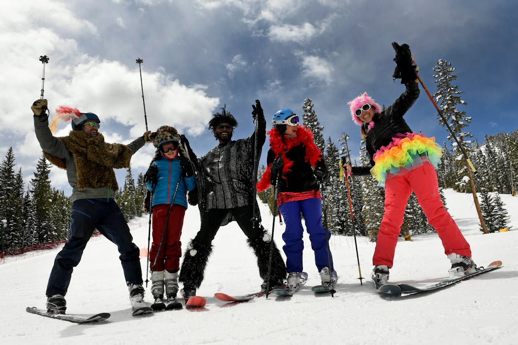 Skiers at Eldora resort in Colorado. Many Colorado ski resorts let kids ski free though special programs.