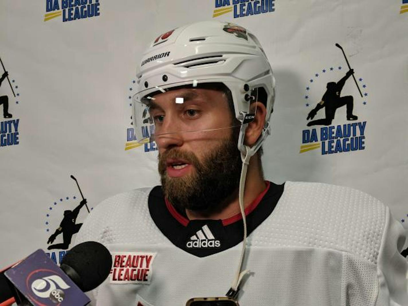 Wild forward Jason Zucker spoke to the media before his game in Da Beauty League on Wednesday, July 31, 2019, at Braemar Arena in Edina.