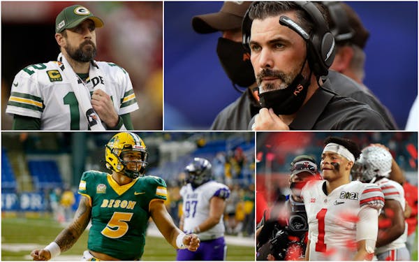 Clockwise from top left: Aaron Rodgers, Kevin Stefanski, Justin Fields and Trey Lance. 
