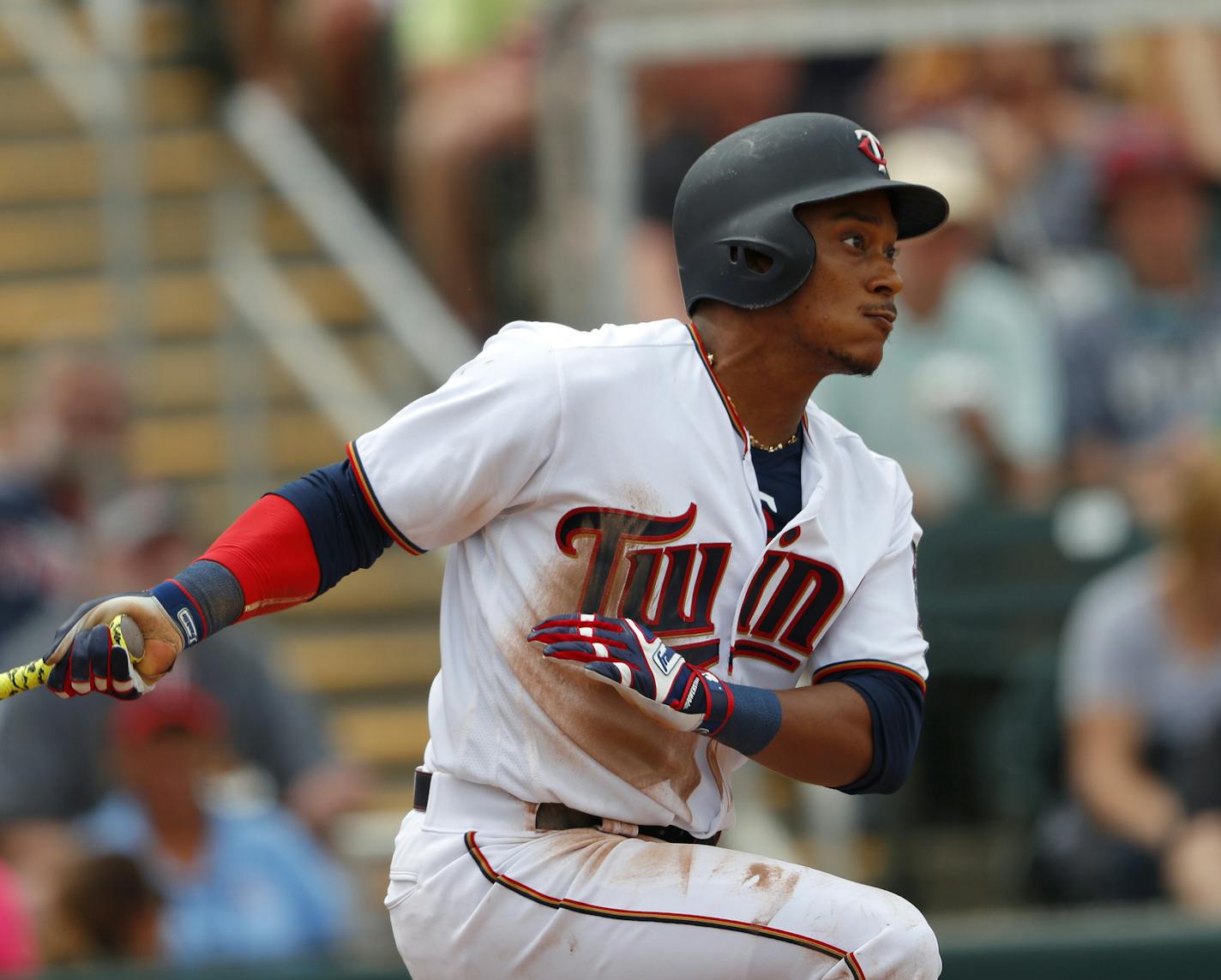 Minnesota Twins' Jorge Polanco drives in a run with a base hit in the fifth inning of a spring training baseball game Boston Red Sox, Monday, March 18, 2019, in Fort Myers, Fla. (AP Photo/John Bazemore)