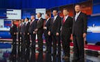 Republican presidential candidates from left, Chris Christie, Marco Rubio, Ben Carson, Scott Walker, Donald Trump, Jeb Bush, Mike Huckabee, Ted Cruz, 