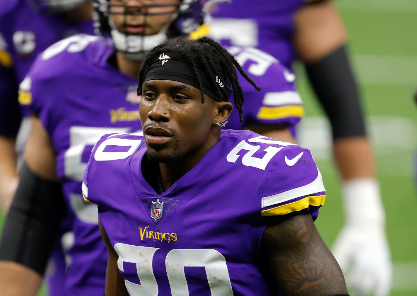 Minnesota Vikings cornerback Jeff Gladney (20) before an NFL football game against the New Orleans Saints, Friday, Dec. 25, 2020, in New Orleans. (AP Photo/Tyler Kaufman)