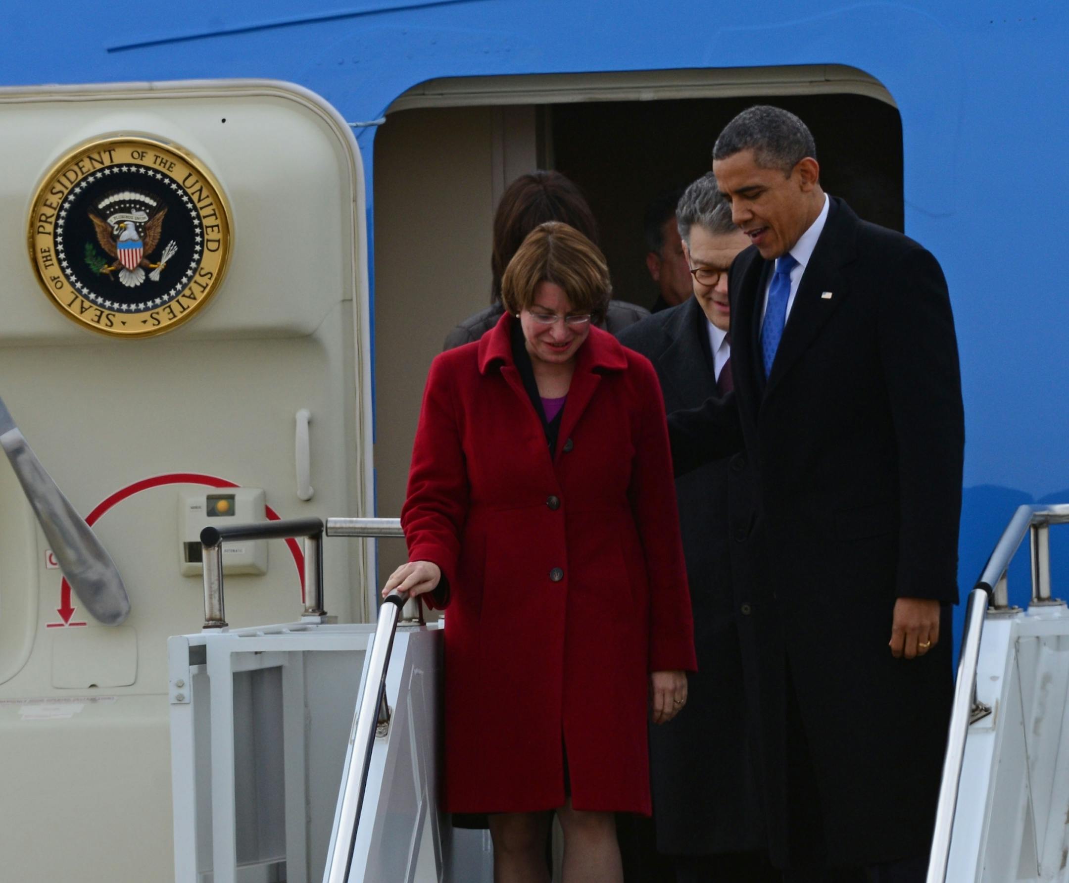 Senators Amy Klobuchar and Al Franken traveled with President Barack Obama to the Twin Cities in February 2013. President Obama traveled to the Minneapolis Police Department Special Operations Center in Minneapolis to deliver remarks on his ideas to reduce gun violence.