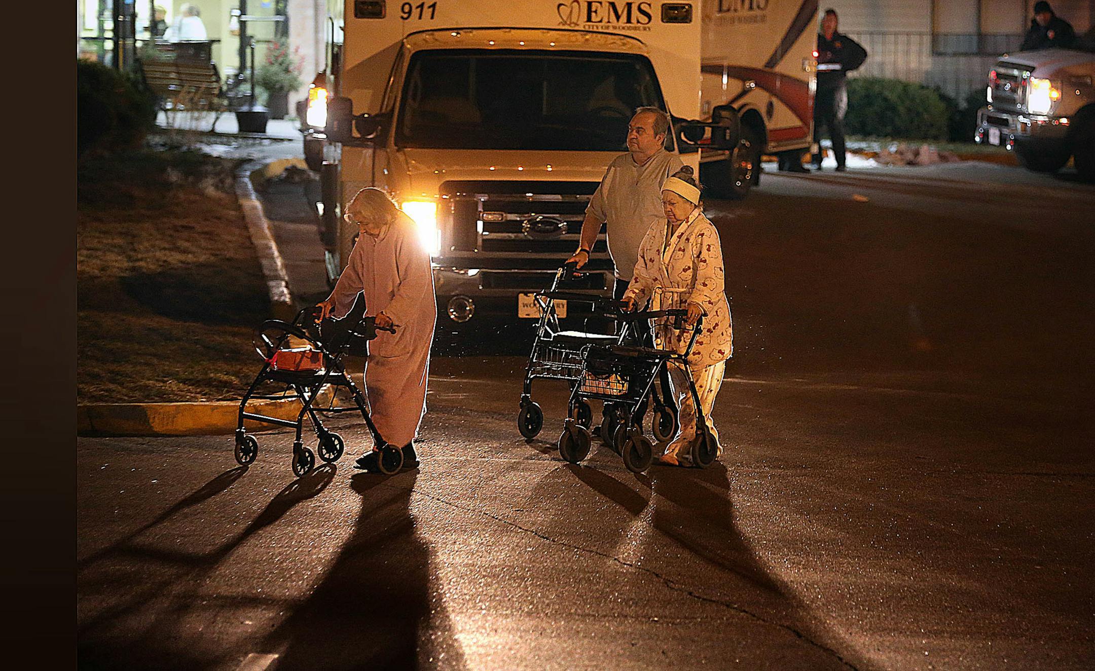 A fire was reported in a Woodbury senior complex in Woodbury in the 7000 block of Lake Rd. just after 4 a.m. according to Woodbury Fire Chief Todd Johnson. Heavy smoke filled the first floor. Fire was extinguished. Mutual aid from nearby fire departments helped with the fire. More than a dozen ambulances responded. Residents were evacuated from the building. ] JIM GEHRZ ï james.gehrz@startribune.com / Woodbury, MN / March 28, 2015 /4:45 AM