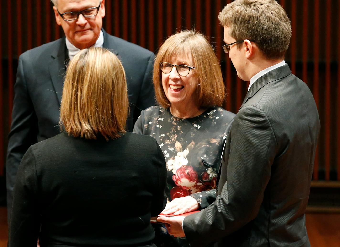 Jane L. Prince smiled after taking an oath during the St. Paul inauguration ceremony for its City Council members on Tuesday. ] CARLOS GONZALEZ • cgonzalez@startribune.com - January 5, 2016, St. Paul, MN, The Ordway Center Concert Hall, St. Paul will hold an inauguration ceremony for its City Council members Tuesday. Two new members, Rebecca Noecker and Jane Prince, were elected to the seven person council in November.