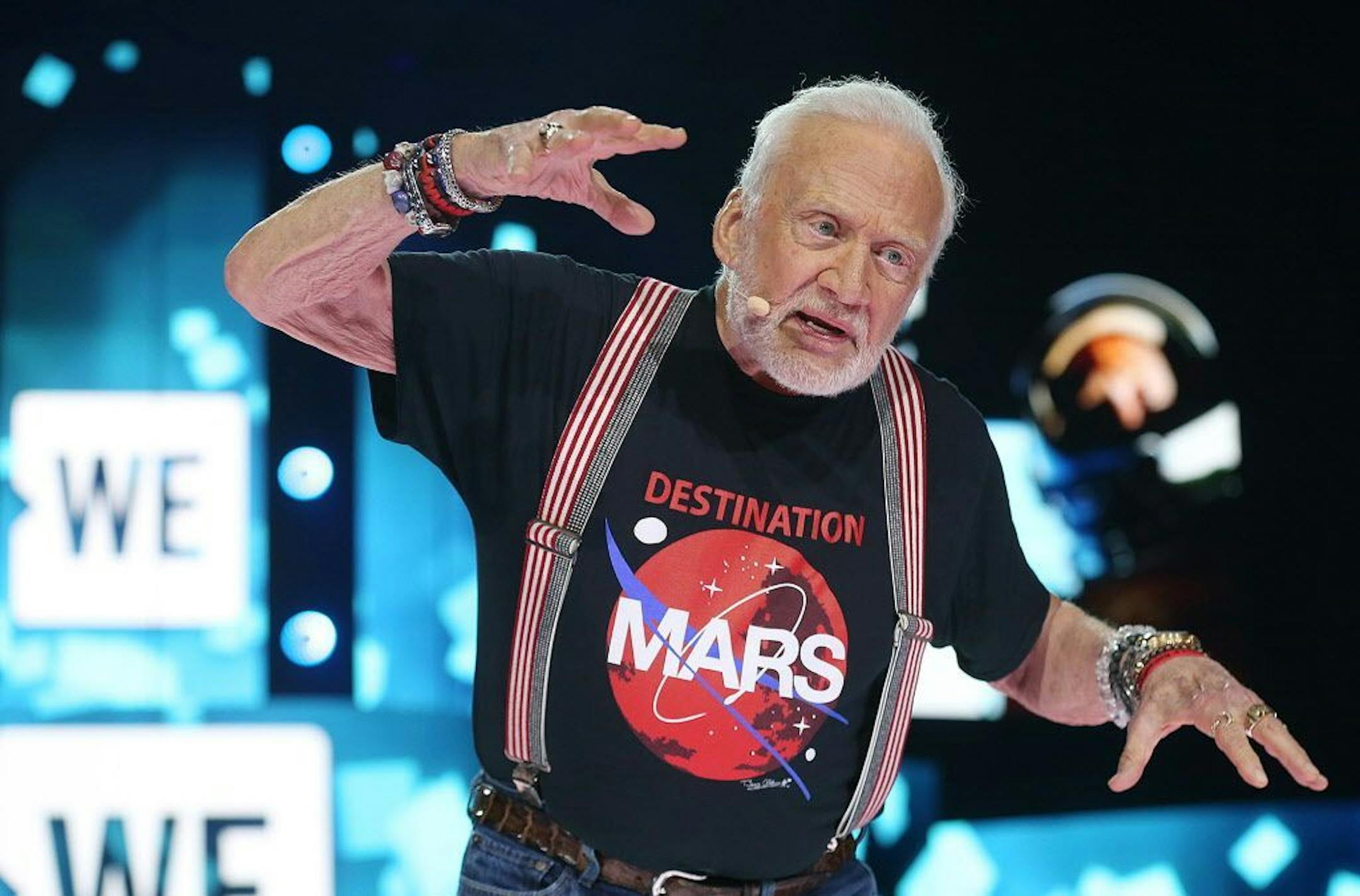 Buzz Aldrin, an astronaut in Apollo XI & Gemini 12, said he took the first selfie in space (behind him) as he spoke to nearly 20,000 Minnesota schoolchildren who packed into the Xcel Energy Center for the Fourth Annual We Day event, Tuesday, September 20, 2016 in St. Paul.