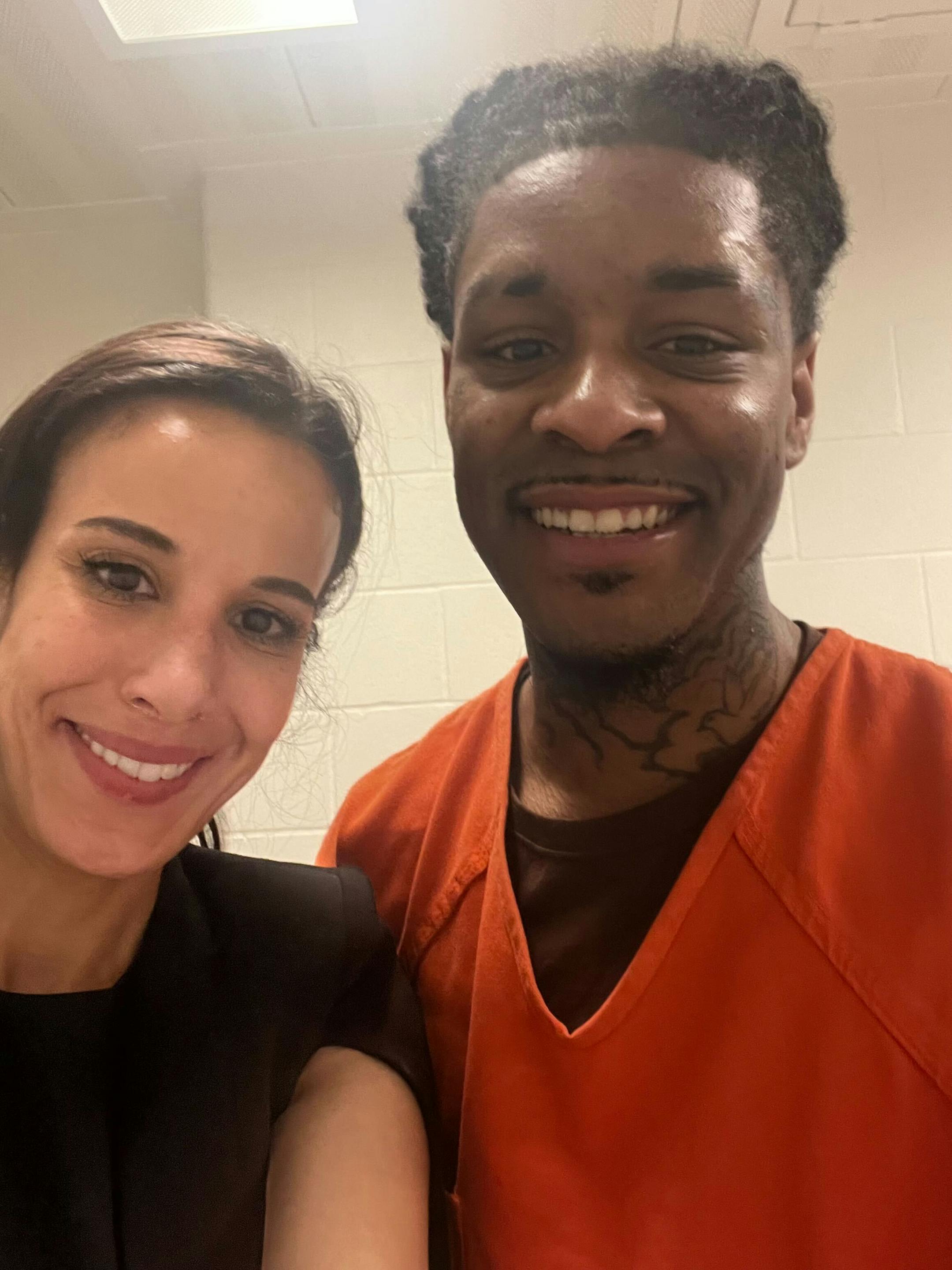 Benjamin Richardson takes a selfie with defense attorney Sarah Gad on Wednesday, July 19, 2023, before he was released from Hennepin County jail after prosecutors dropped the murder case against him.