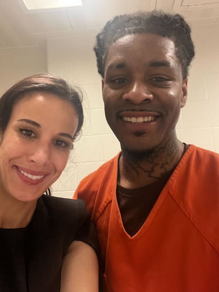 Benjamin Richardson takes a selfie with defense attorney Sarah Gad on Wednesday, July 19, 2023, before he was released from Hennepin County jail after