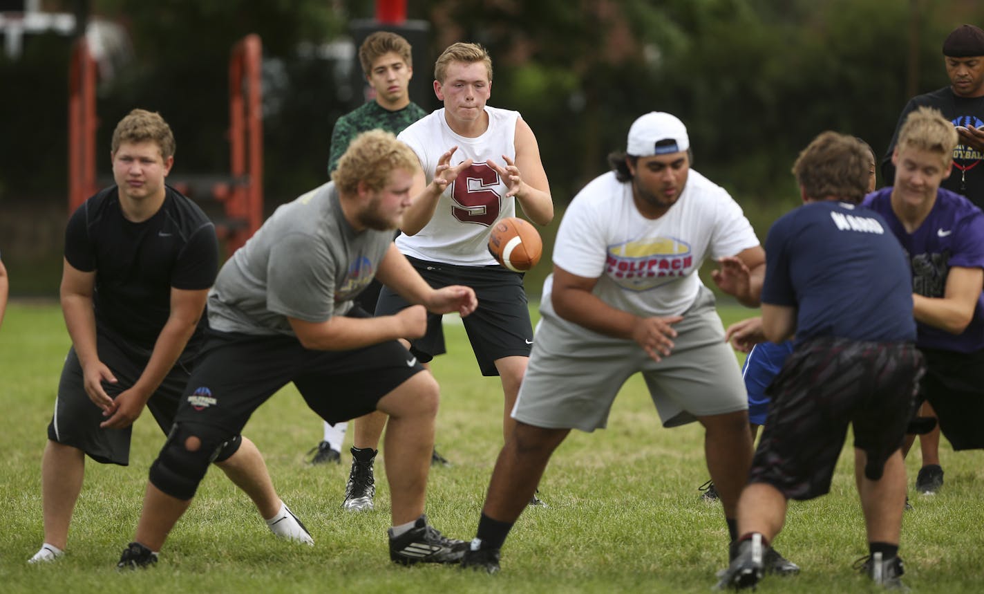 Quarterback Samuel Pickerign of Minnehaha Academy took a snap behind the offensive line, from left, of Kyle Salverda of SPA, Armaan Gori of Blake and Alistair Davis of Minnehaha Academy. (Jeff Wheeler, Star Tribune)