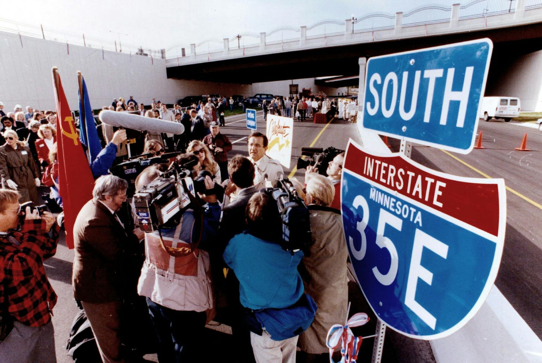 October 15, 1990 Opening of 35E in downtown St. Paul and/or Gov. Perpich responds to Grunseth situation. In the center of the about to be opened last