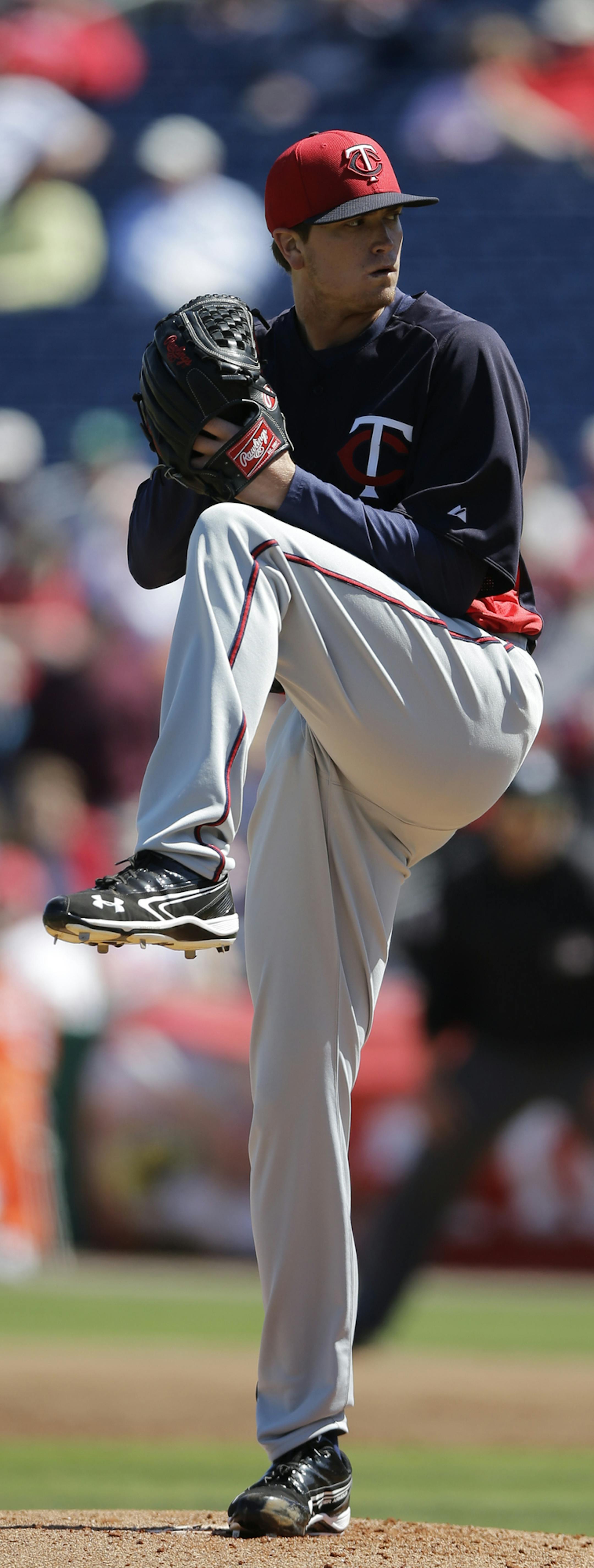 Minnesota Twins' Kyle Gibson in action during a spring training exhibition baseball game against the Philadelphia Phillies, Thursday, March 7, 2013, in Clearwater, Fla. (AP Photo/Matt Slocum) ORG XMIT: MIN2013031416550710 ORG XMIT: MIN1303141658360142