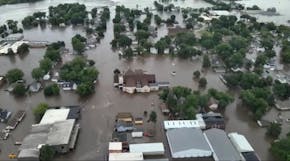 This image provided by Sioux County Sheriff  shows City of Rock Valley, Iowa on Saturday, June 22, 2024.  Gov. Kim Reynolds sent helicopters to the sm