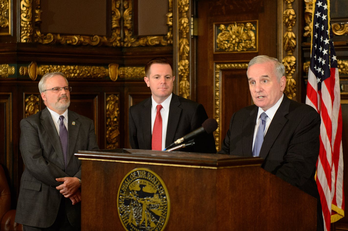 Gov. Mark Dayton, Pollution Control Commissioner John Linc Stine and IRRRB Commissioner Tony Sertich spoke about the Unsession at a state Capitol news conference on Tuesday.