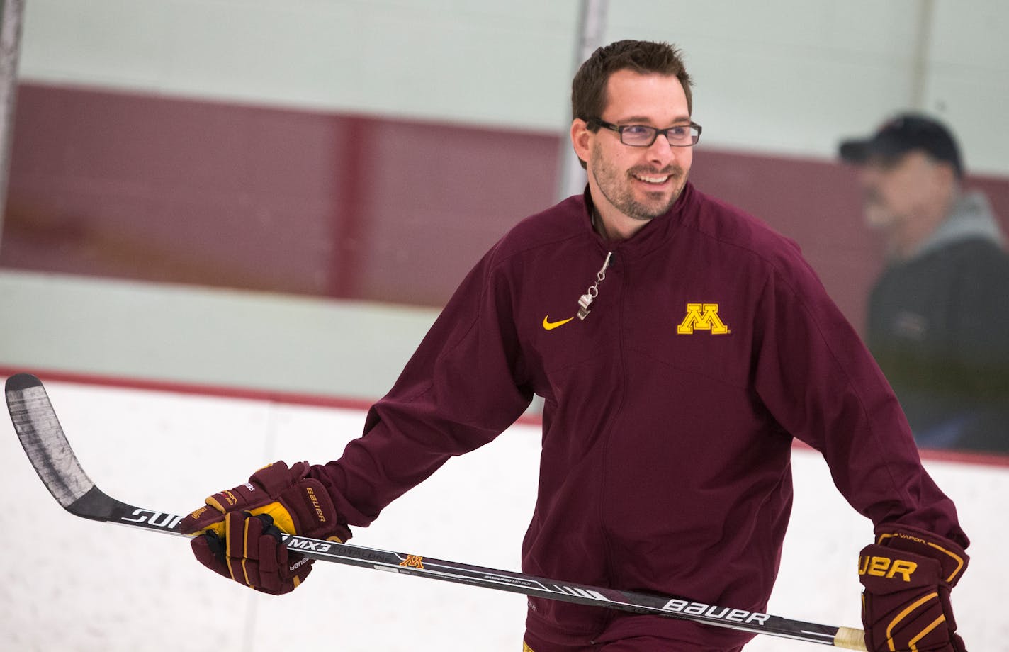 University of Minnesota women's hockey team head coach Brad Frost coaches practice at Schwann Super Rink in Blaine. ] (Leila Navidi/Star Tribune) leila.navidi@startribune.com BACKGROUND INFORMATION: Tuesday, March 15, 2016.