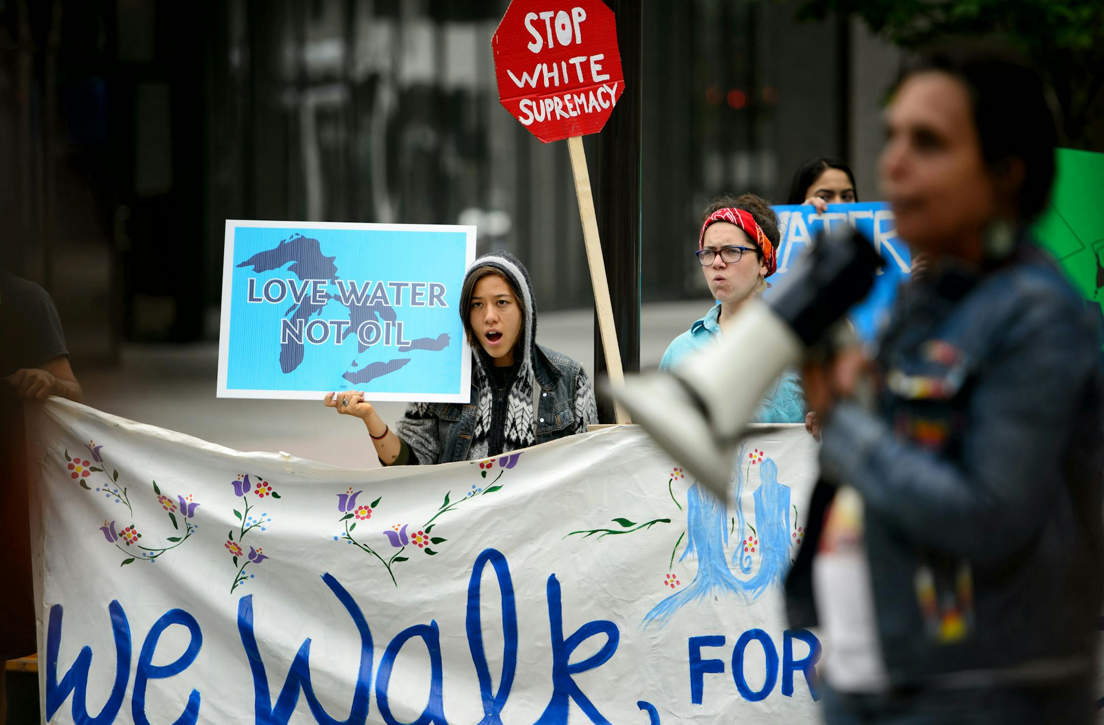 Protesters gathered Wednesday outside a St. Paul building where the Public Utilities Commission is listening to arguments about Enbridge Energy's proposed Sandpiper crude oil pipeline.