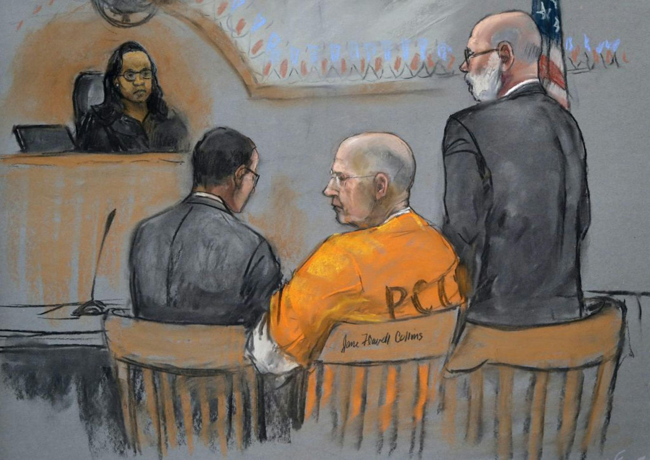 A courtroom sketch depicts James "Whitey" Bulger, center, during a pretrial conference before U.S. District Judge Denise Casper, left rear, in a federal courtroom in Boston Monday, June 3, 2013. Bulger is flanked by his attorneys Henry Brennan, left, and J.W. Carney Jr., standing at right. Jury selection begins Tuesday for Bulger's trial.
