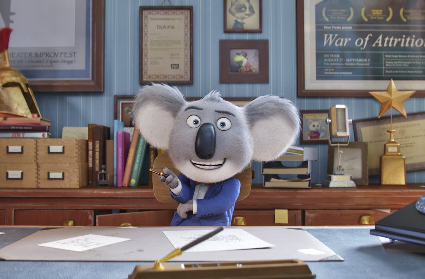 This image released by Universal Pictures shows the character Buster, voiced by Matthew McConaughey, in a scene from "Sing." (Universal Pictures via AP)