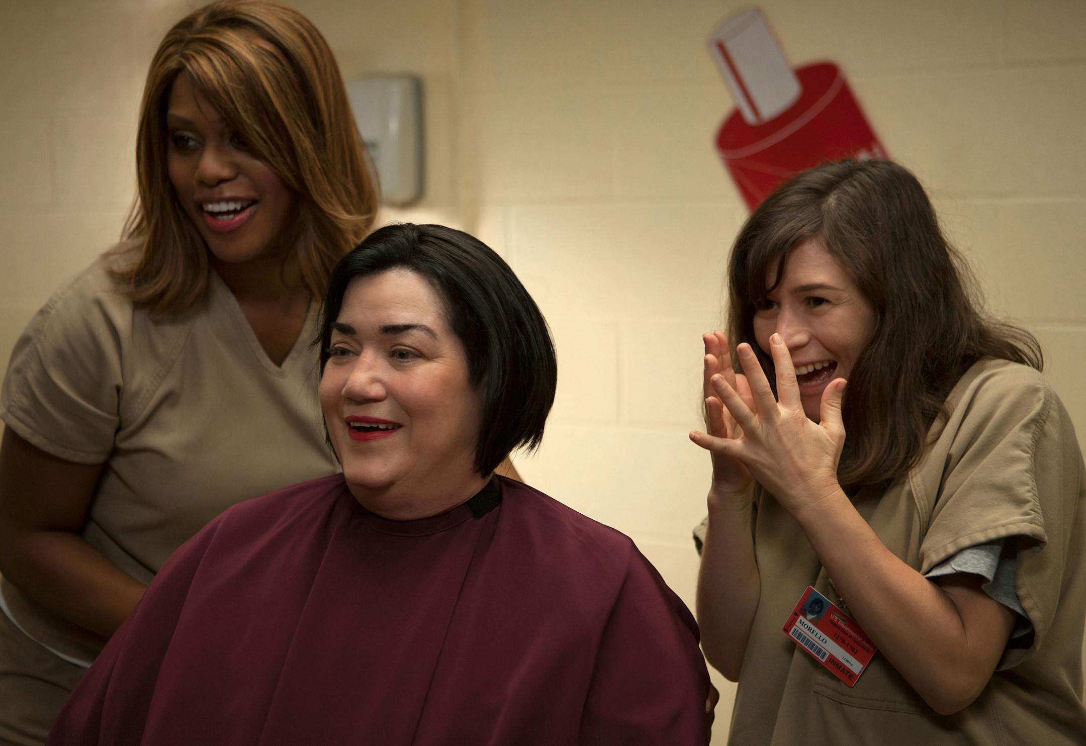 Laverne Cox, Lea DeLaria, and Yael Stone in season 3 of Netflix's "Orange is the New Black." Photo Credit: JoJo Whilden/Netflix
