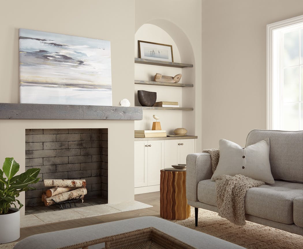 A neutral living room shows understated elegance.