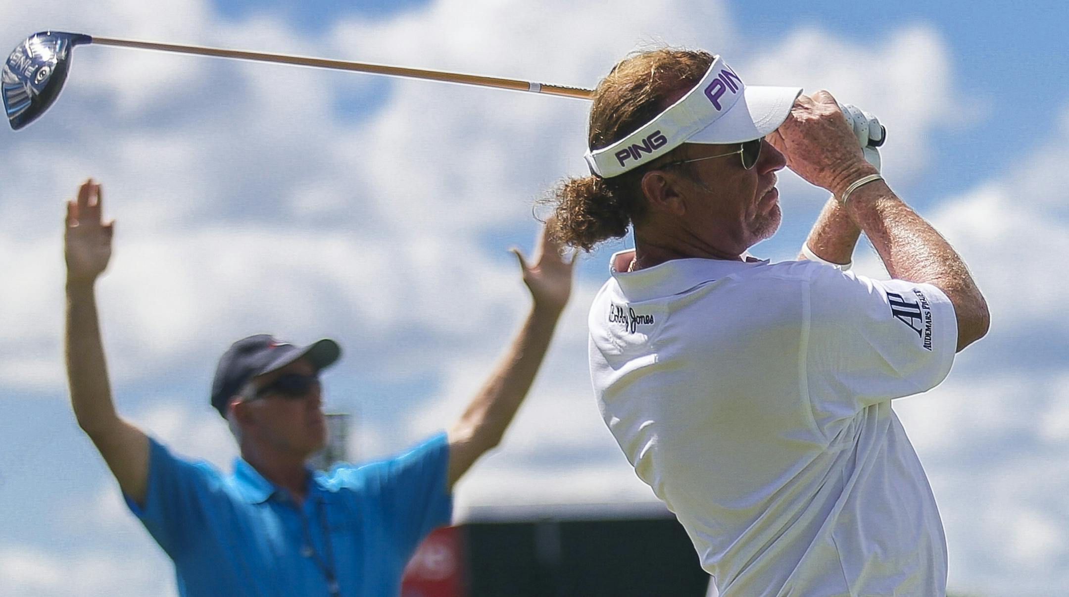 Miguel Angel Jimenez tees off the 14th hole. ] Timothy Nwachukwu • timothy.nwachukwu@startribune.com Round two action of the 2016 3M Championship at Tournament Players Club on Saturday, August 6, 2016 in Blaine, Minnesota. MIguel Angel Jimenez placed himself atop the leaderboard with a one shot lead over Kevin Sutherland going into Sunday.
