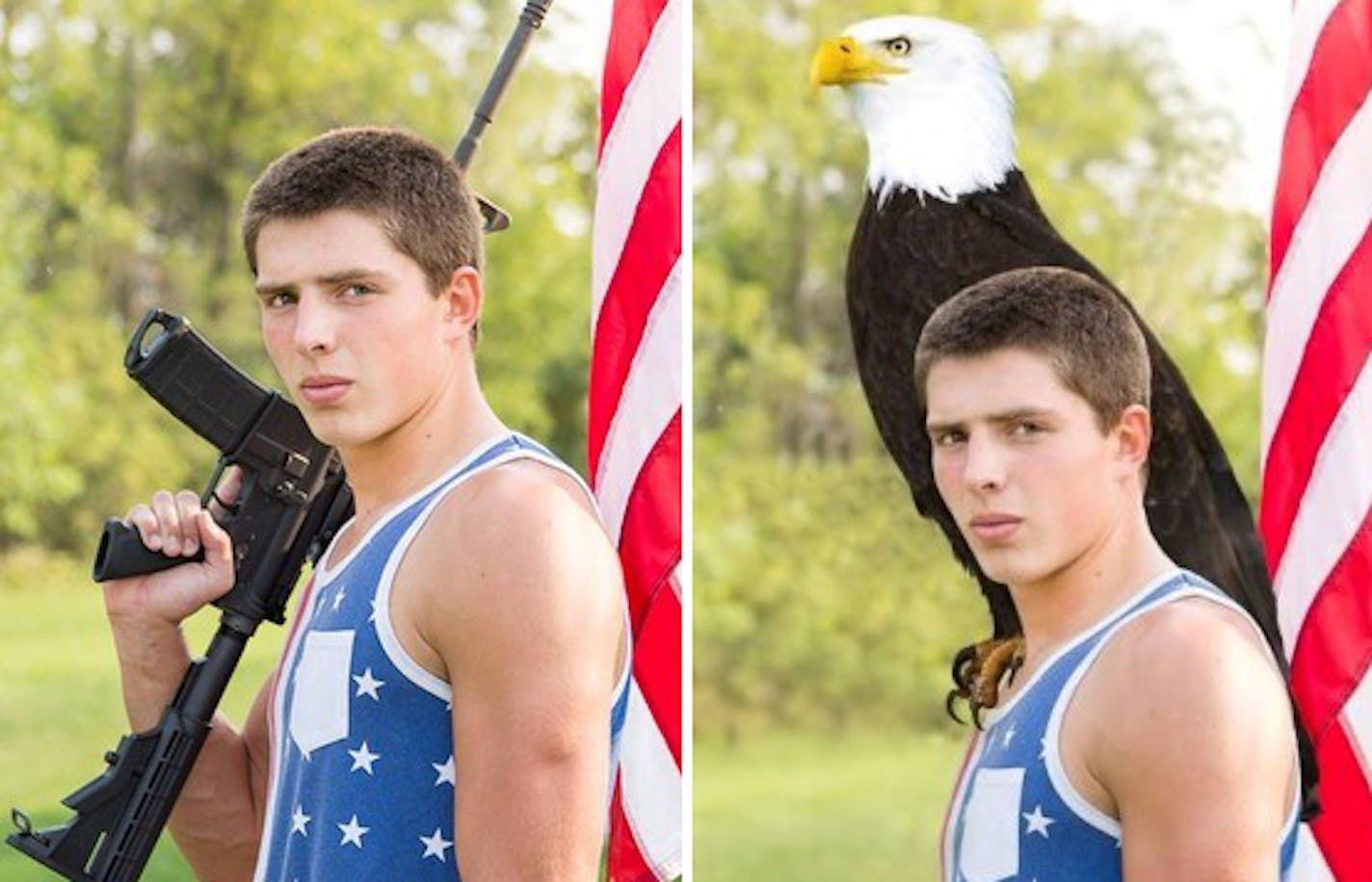 This photo of Josh Renville, a Fargo North High School senior, was altered from its original with a gun, left, to include an eagle after the original photo caused controversy.