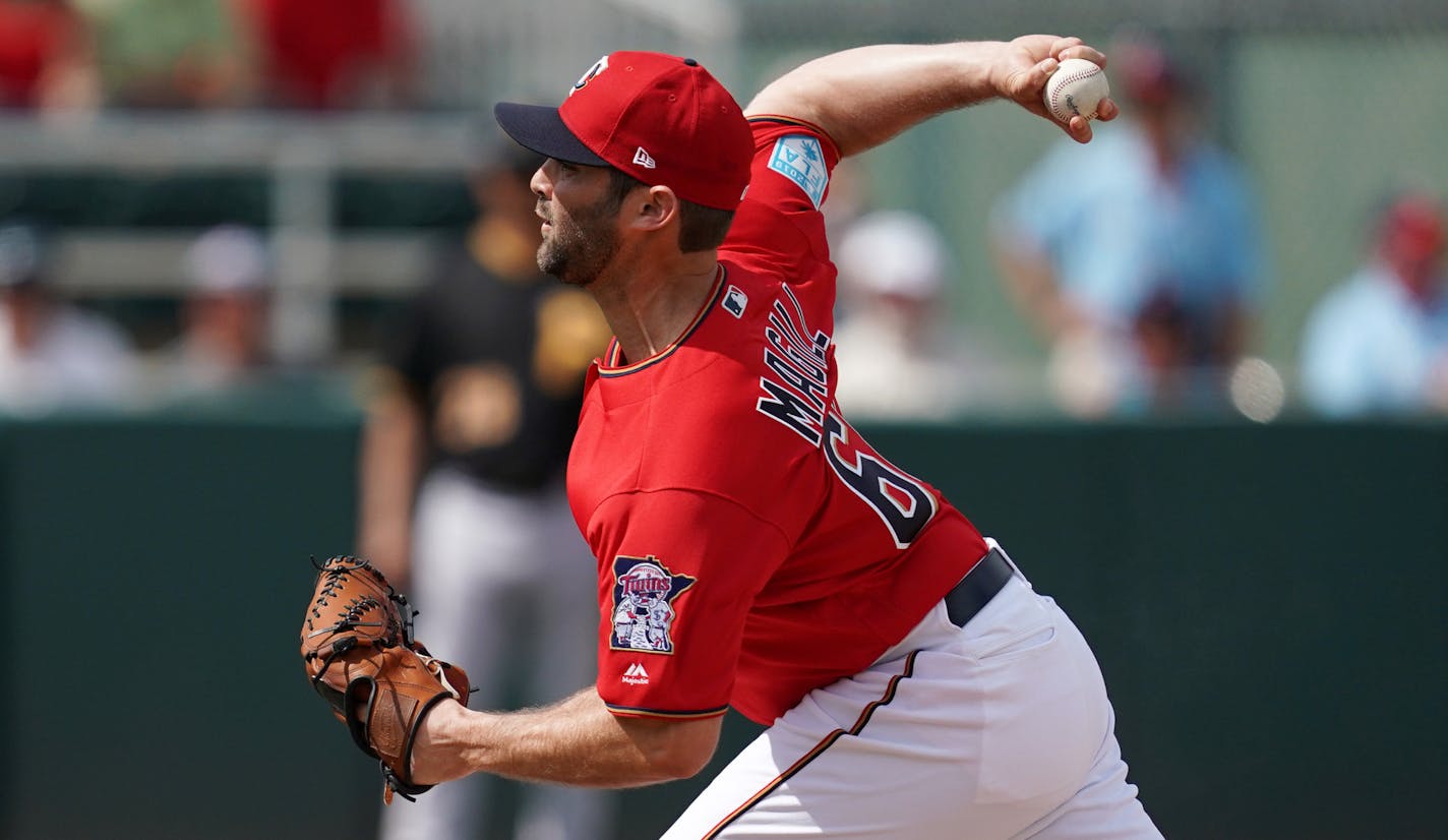 Minnesota Twins pitcher Matt Magill (68) delivered a pitch during Tuesday's game against the Pittsburgh Pirates. ] ANTHONY SOUFFLE &#x2022; anthony.souffle@startribune.com The Minnesota Twins played the Pittsburgh Pirates in a Spring Training Grapefruit League game Tuesday, Feb. 26, 2019 at the CenturyLink Sports Complex's Hammond Stadium in Fort Myers, Fla.