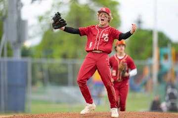Maple Grove pitcher Ian Schock (5) celebrates after closing out a 5-0 victory over Mounds View in Waconia on Saturday.