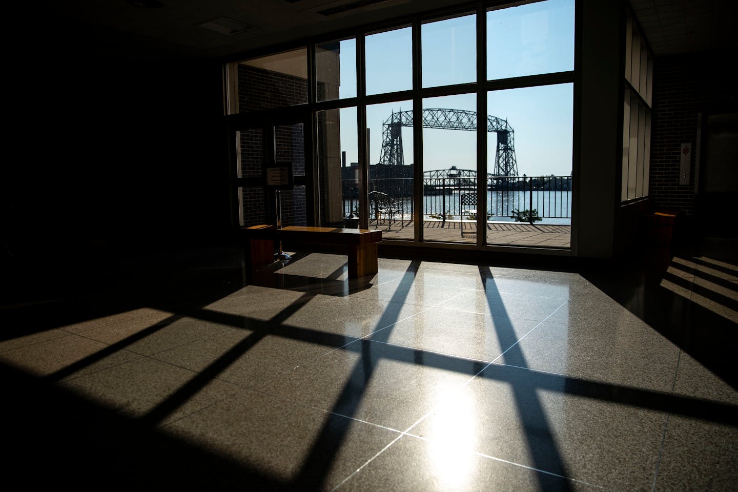 The aerial lift bridge could be seen out of a window in the DECC on Thursday morning. ]