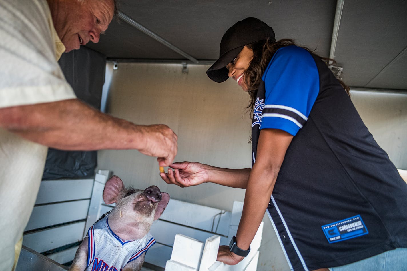 In St. Paul, Minnesota on July 1, 2021, Dennnnis Hauth gave Bachelorette Michelle Young a treat to feed Space Ham a treat at CHS Field before the Saints game.] RICHARD TSONG-TAATARII ¥ Richard.Tsong-Taatarii@startribune.com